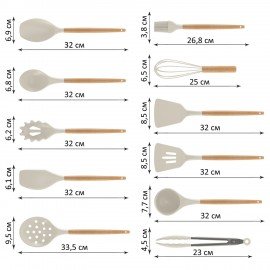 Набор силиконовых кухонных принадлежностей с деревянными ручками 13 в 1, молочный, DASWERK, 608196