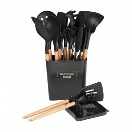 Набор силиконовых кухонных принадлежностей с деревянными ручками 13 в 1, черный, DASWERK, 608197