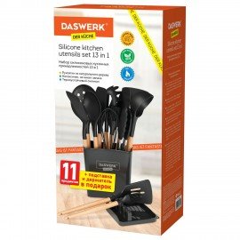 Набор силиконовых кухонных принадлежностей с деревянными ручками 13 в 1, черный, DASWERK, 608197
