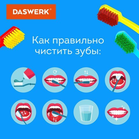 Зубные щетки, набор 4 штуки, для взрослых и детей, СРЕДНЕ-МЯГКИЕ (MEDIUM SOFT), DASWERK, 608213