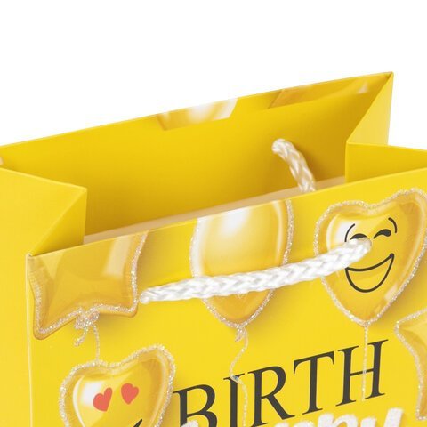Пакет подарочный (1 штука) 11x6x15 см, ЗОЛОТАЯ СКАЗКА "Happy Birthday", глиттер, желтый, 608237