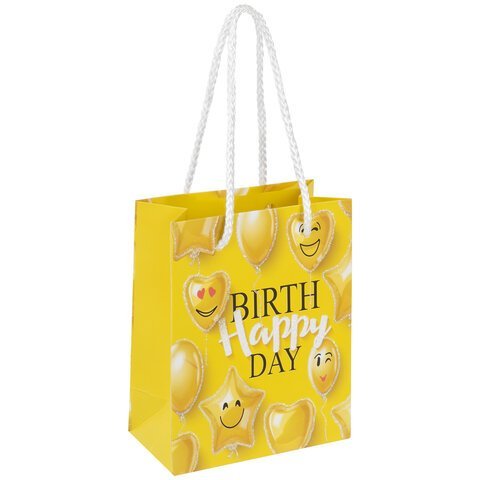 Пакет подарочный 11,4x6,4x14,6 см ЗОЛОТАЯ СКАЗКА "Happy Birthday", глиттер, желтый, 608237