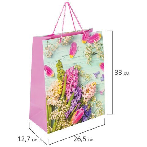 Пакет подарочный (1 штука) 26x13x32 см, ЗОЛОТАЯ СКАЗКА "Spring Flowers", глиттер, розовый, 608247