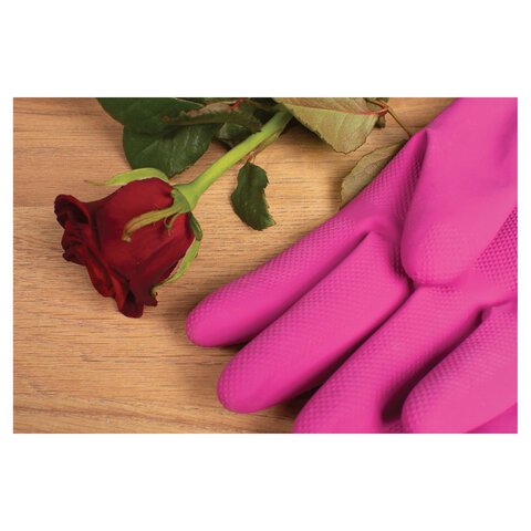 Перчатки резиновые, х/б напыление, рифленые пальцы, размер L, Роза, 75 г, ПРОЧНЫЕ, с удлиненной манжетой, YORK, 92370