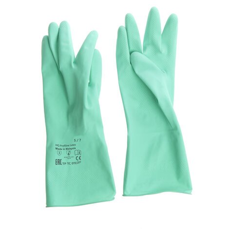 Перчатки латексные КЩС, сверхпрочные, плотные, хлопковое напыление, размер 7 S, малый, зеленые, HQ Profiline, 73580