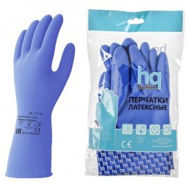 Перчатки латексные КЩС, сверхпрочные, плотные, хлопковое напыление, размер 7,5-8 M, средний, синие, HQ Profiline, 74734