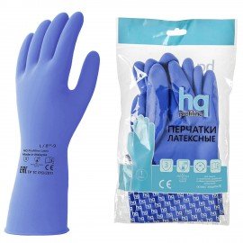 Перчатки латексные КЩС, сверхпрочные, плотные, хлопковое напыление, размер 8,5-9 L, большой, синие, HQ Profiline, 74735