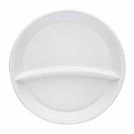 Одноразовые тарелки 2-х секционные КОМПЛЕКТ 100 шт. 210 мм, белые, ПС, холодное/горячее, LAIMA БЮДЖЕТ, 608770