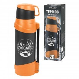 Термос классический, нержавеющая сталь, 2 л, оранжево-серый, 2 кружки, ручка + ремешок, TAIGARU, 608817