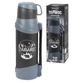 Термос классический, нержавеющая сталь 2 л, черно-серый, 2 кружки, ручка + ремешок, TAIGARU, 608818
