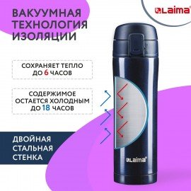 Термокружка 470 мл из нержавеющей стали SUS304, благородный тёмно-синий металлик, LAIMA, 608821