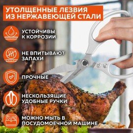 Ножницы кухонные DASWERK, 210 мм, с открывашкой, зазубренные, металлические ручки, 608901