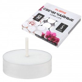 Свечи чайные Long Life, до 5 часов горения, вес 12 г, КОМПЛЕКТ 50 шт., в гильзе, LAIMA, 609200