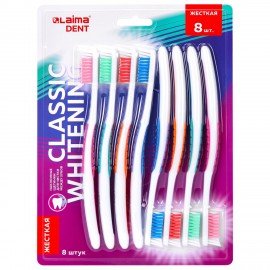 Зубная щетка жесткая, КОМПЛЕКТ 8 шт, LAIMA DENT "CLASSIC WHITENING", безопасное отбеливание, 609315