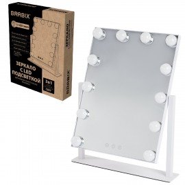 Зеркало для макияжа гримерное с подсветкой, 12 LED ламп, 3 режима свечения, размер 29х38 см, работа от сети 220V, цвет белый, BRABIX, 609336
