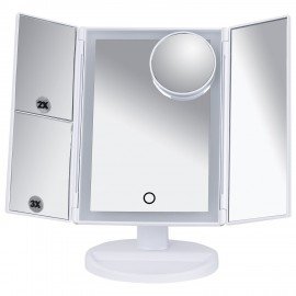 Зеркало настольное с LED подсветкой для макияжа, размер 24х18см, складное, увеличение х2, х3, х10, белое, BRABIX, 609337