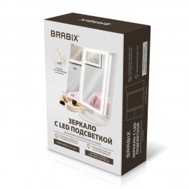 Зеркало настольное с LED подсветкой для макияжа, размер 24х18см, складное, увеличение х2, х3, х10, белое, BRABIX, 609337