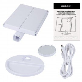 Зеркало настольное с LED подсветкой для макияжа, размер 24х18см, складное, увеличение х2, х3, х10, белое, BRABIX, 609337