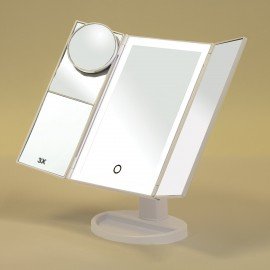 Зеркало настольное с LED подсветкой для макияжа, размер 24х18см, складное, увеличение х2, х3, х10, белое, BRABIX, 609337