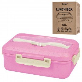 Ланч-бокс контейнер 3 отделения 1,4л ложка, вилка, 8х21х14см, розовый, JOYLUX ECO, 609345