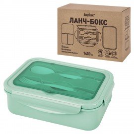 Ланч-бокс контейнер 2 секции 3+1 отделение 1,4л ложка, вилка 7х21х14см, мятный JOYLUX, 609347