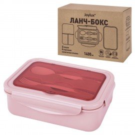 Ланч-бокс контейнер 2 секции 3+1 отделение 1,4л ложка, вилка 7х21х14см, розовый JOYLUX, 609348