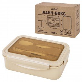 Ланч-бокс контейнер 2 секции 3+1 отделение 1,4л ложка, вилка 7х21х14см, бежевый JOYLUX, 609349