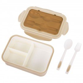 Ланч-бокс контейнер 2 секции 3+1 отделение 1,4л ложка, вилка 7х21х14см, бежевый JOYLUX, 609349
