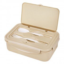 Ланч-бокс контейнер 2 секции 3+1 отделение 1,4л ложка, вилка 7х21х14см, бежевый JOYLUX, 609349