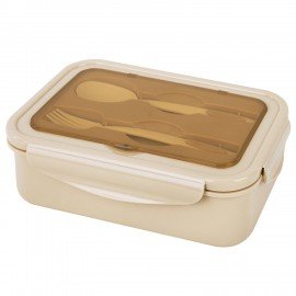 Ланч-бокс контейнер 2 секции 3+1 отделение 1,4л ложка, вилка 7х21х14см, бежевый JOYLUX, 609349