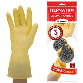 Перчатки МНОГОРАЗОВЫЕ латексные SUPER СИЛА СВЕРХПРОЧНЫЕ, бежевые, размер L (большой), вес 98 г, Komfi, ADM, 20074