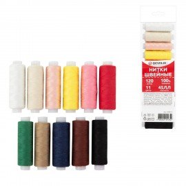 Нитки швейные 45ЛЛ 120 м, полиэстер, НАБОР 11 цветов, DEVELIA (Девелиа), 609617