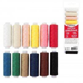 Нитки швейные 45ЛЛ 150 м, полиэстер, НАБОР 12 цветов, DEVELIA (Девелиа), 609618
