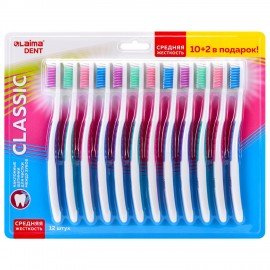 Зубная щетка средней жесткости, КОМПЛЕКТ 12шт (10 + 2 в подарок), LAIMA DENT "CLASSIC", 609693