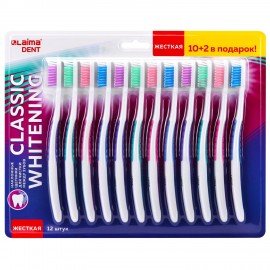 Зубная щетка жесткая, КОМПЛЕКТ 12шт (10 + 2 в подарок), LAIMA DENT "CLASSIC WHITENING", 609694