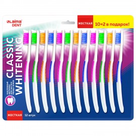 Зубная щетка жесткая, КОМПЛЕКТ 12шт (10 + 2 в подарок), LAIMA DENT "CLASSIC WHITENING", 609694