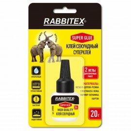Клей секундный "HQ" суперклей УЛЬТРАПРОЧНЫЙ, 2 иглы для точечных работ, 20 г, RABBITEX (РАББИТЕКС) "ДВА СЛОНА", 609808