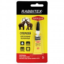 Клей секундный суперклей УЛЬТРАПРОЧНЫЙ, блистер, 3 грамма, RABBITEX (РАББИТЕКС) "ДВА СЛОНА", 609811