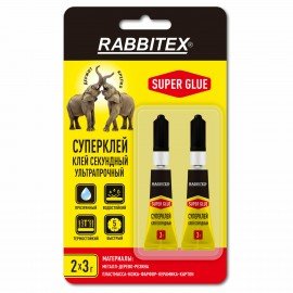 Клей секундный суперклей УЛЬТРАПРОЧНЫЙ, набор 2х3 грамма, RABBITEX, 609813