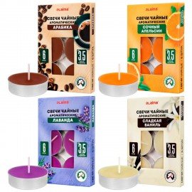 Свечи чайные ароматические в гильзе КОМПЛЕКТ 6 штук, до 3,5 часов горения, ассорти 4 аромата, LAIMA, 609977