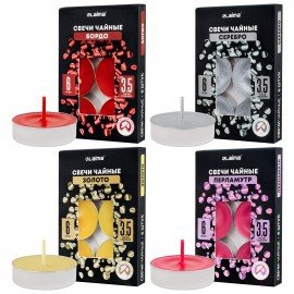Свечи чайные цветные в гильзе КОМПЛЕКТ 6 штук, до 3,5 часов горения, ассорти 4 цвета, LAIMA, 609978