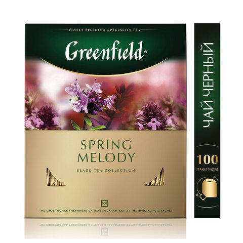 Чай GREENFIELD "Spring Melody" черный с чабрецом, мятой, смородиной, 100 пакетиков в конвертах по 1,5 г, 1065-09