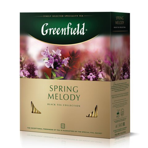 Чай GREENFIELD "Spring Melody" черный с чабрецом, мятой, смородиной, 100 пакетиков в конвертах по 1,5 г, 1065-09