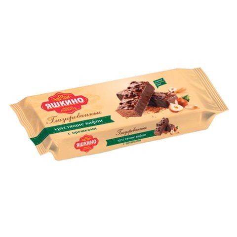 Вафли ЯШКИНО "Глазированные с орешками" с начинкой из какао и дробленого фундука, 200 г, ЯВ218