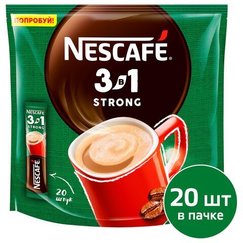 Кофе растворимый порционный NESCAFE "3 в 1 Крепкий", КОМПЛЕКТ 20 пакетиков по 14,5 г, 12460873