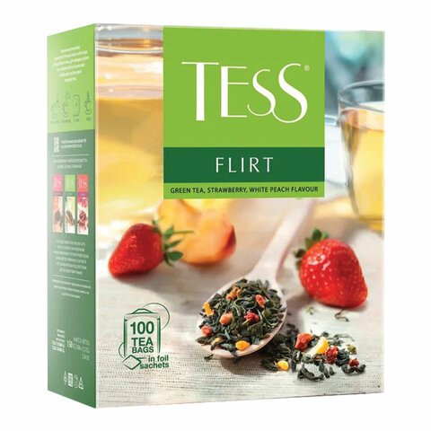Чай TESS "Flirt" зеленый с клубникой и персиком, 100 пакетиков в конвертах по 1,5 г, 1476-09