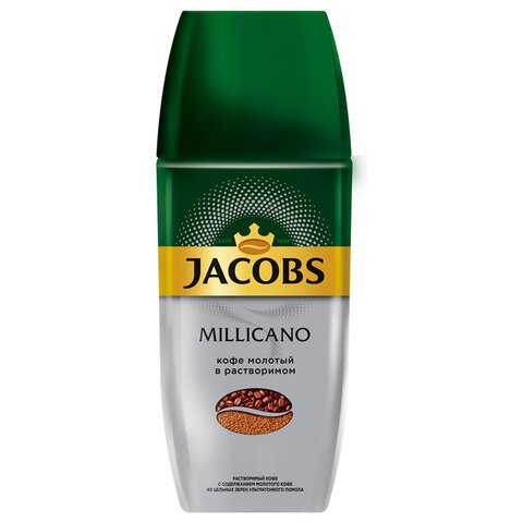 Кофе молотый в растворимом JACOBS "Millicano" 160 г, стеклянная банка, сублимированный, 8052510