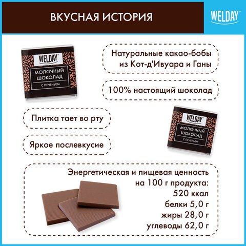 Шоколад порционный с фундуком и печеньем WELDAY, молочный 27%, 400 г (80 плиток по 5 г), 622408