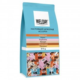 Шоколад порционный WELDAY (ВЭЛДЭЙ) Ассорти 6 вкусов, 810 г (54 плитки по 15 г), пакет, 622409