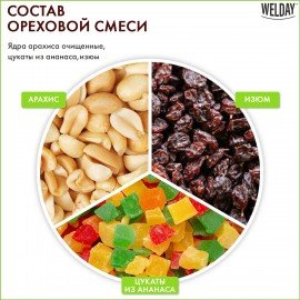 Орехи и сухофрукты WELDAY (ВЭЛДЭЙ) "Смесь студенческая", арахис, цукаты, изюм, 1 кг, 622482
